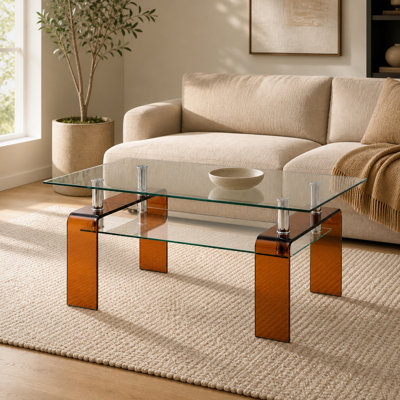 Table basse moderne en verre trempé avec rangement à 2 niveaux, transparente et durable pour le décor du salon