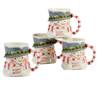 Snowman Greetings Set of 4 3-D Mugs 18 oz