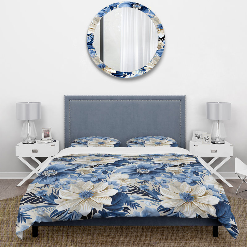Ensemble de housse de couette Boho White Blue Hibiscus Flowers III - Floral, Housse de couette pour très grand lit et 2 très
