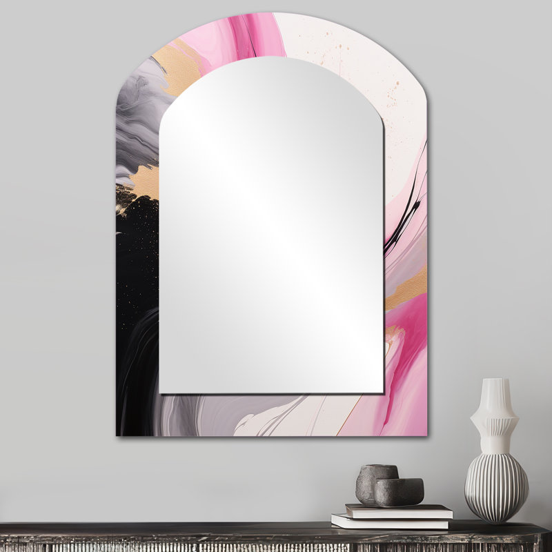 Wild Promises Abstract Gold Wave Pink And Black - Abstract Painting Arch Large Wall Mirror, Modern Asymmetrical Unique Mirror, Printed Metal Art