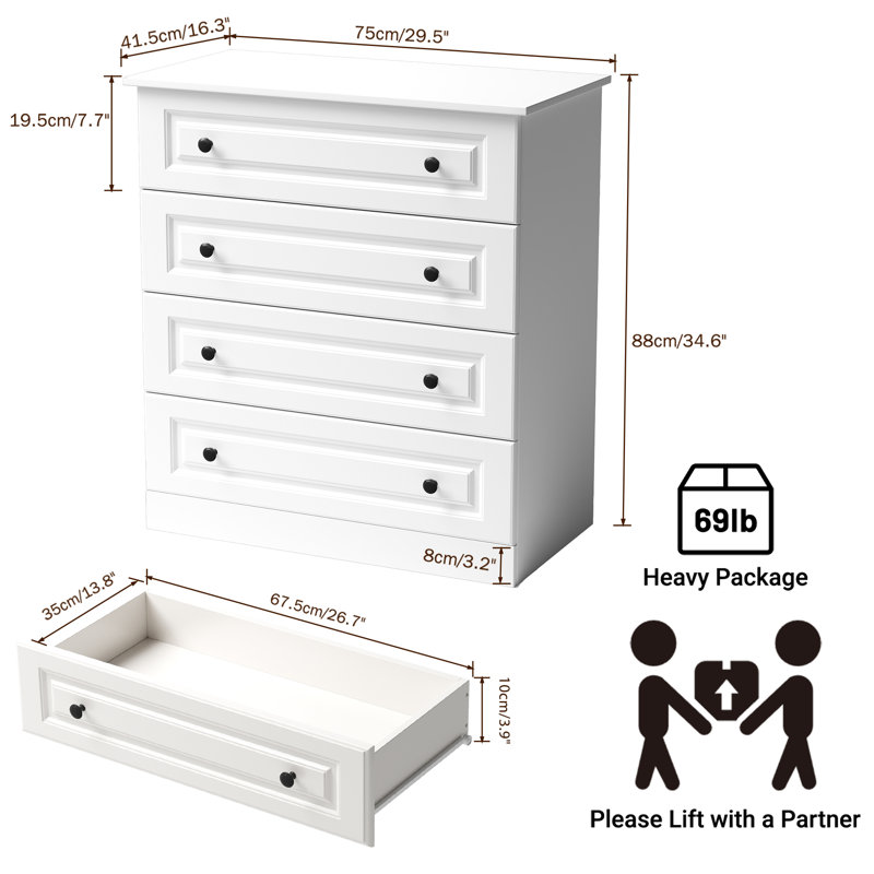 Commode 4 tiroirs l 29,5 po, commode en bois avec tiroirs pour chambre à coucher, placard et salon (ensemble de 2), Blanc