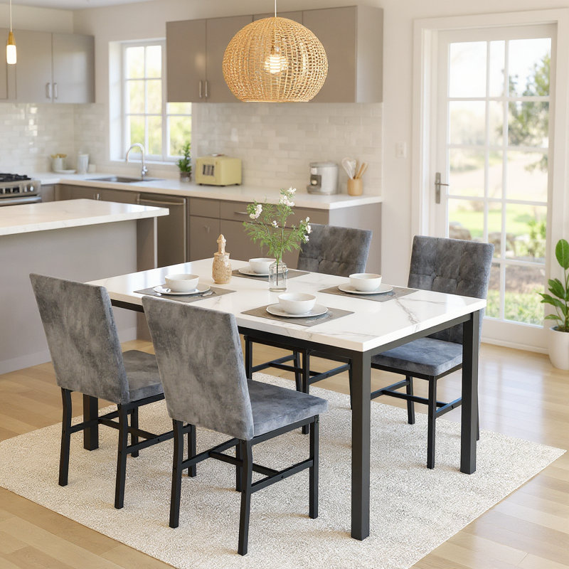 Modern Style 5 Pieces Dining Table Set For 4, Faux Marble Dining Room Table Set With Velvet Upholstered Dining Chairs, MDF Table Top And Metal Frame Dinette Set For Small Space