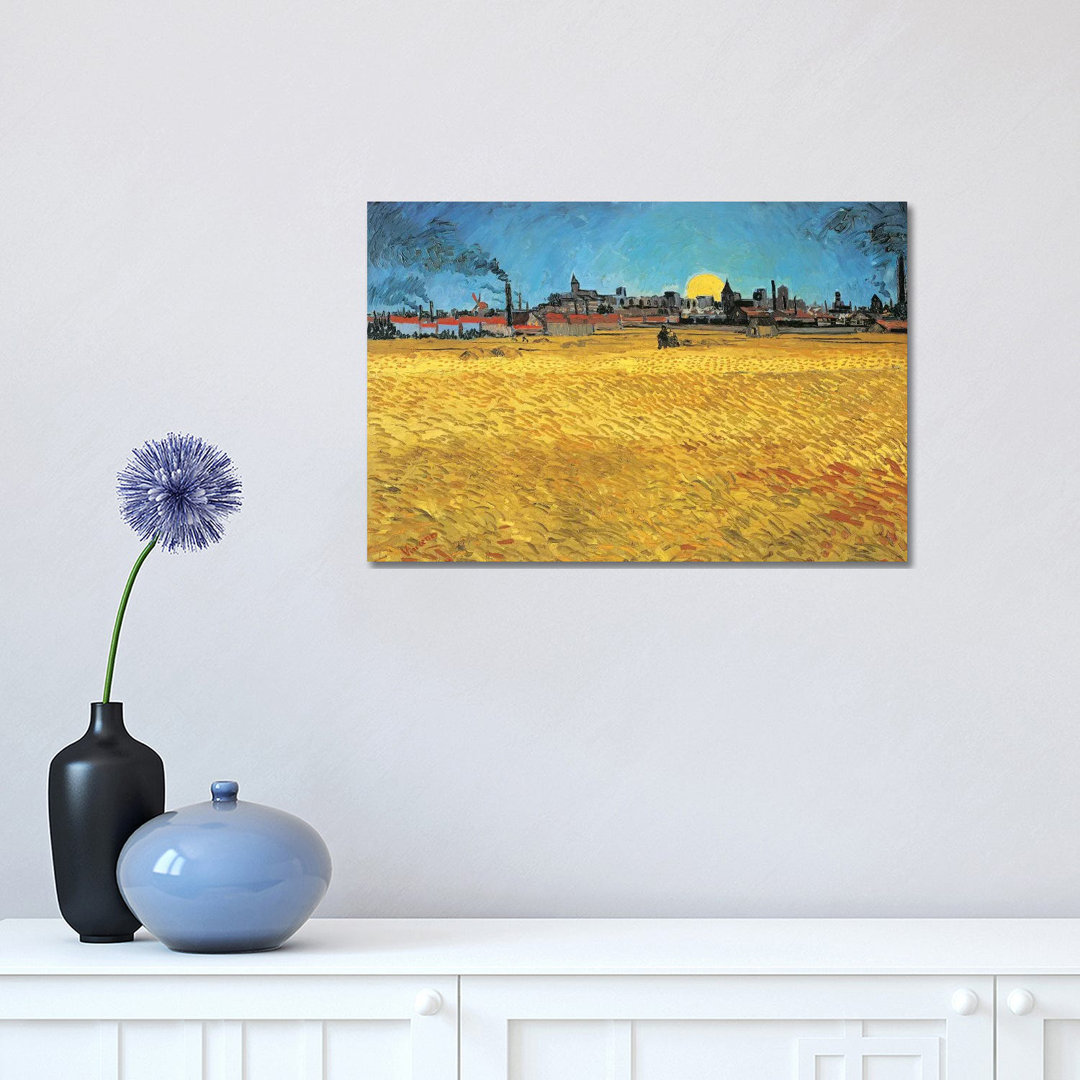 Sunset: Wheat Fields Near Arles by Vincent Van Gogh - Wrapped Canvas Painting