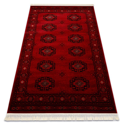 Luca 6871 – Elegant rug with fringes in burgundy & black – Classic Lucaal rug with ornamental & frame pattern