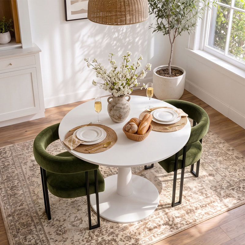 Ensemble de table de salle à manger pour 2 personnes avec table ronde et 2 fauteuils rembourrés en velours, Green/Black