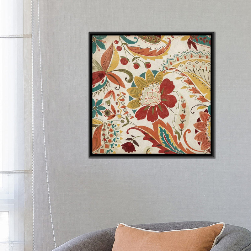 Boho Paisley Spice II, impression sur toile tendue, H 18 po x l 18 po x P 1,5 po, Toile avec cadre noir, Pas de tapis