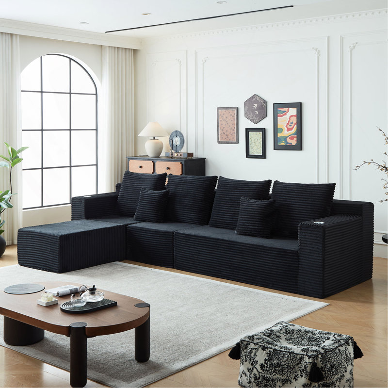 Canapé modulaire profond en velours côtelé avec porte-gobelets, aucun assemblage requis, Velours côtelé noir