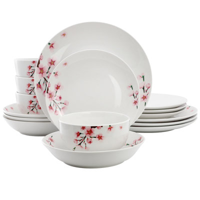  Tamara 16 Piece Cherry Blossom Porcelain Double Bowl Dinnerware Set, Service for 4 in White and Pink