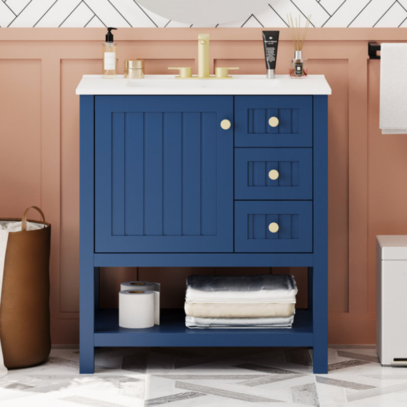 30Inch Transitional Style Bathroom Vanity Cabinet Combo With Ceramic Sink, Bathroom Vanity, Blue