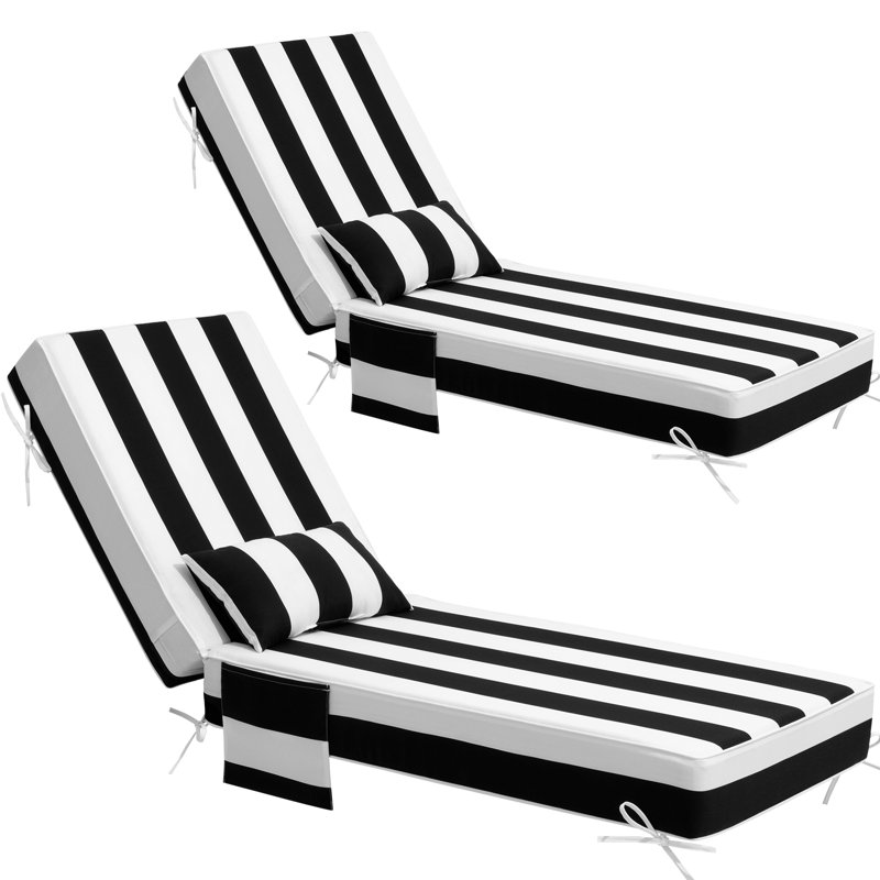 26.5'' W x 80'' D x 6'' H Outdoor Chaise Lounge Seat / Back Cushion with Pillow and Pocket, 2, Black/White Striped