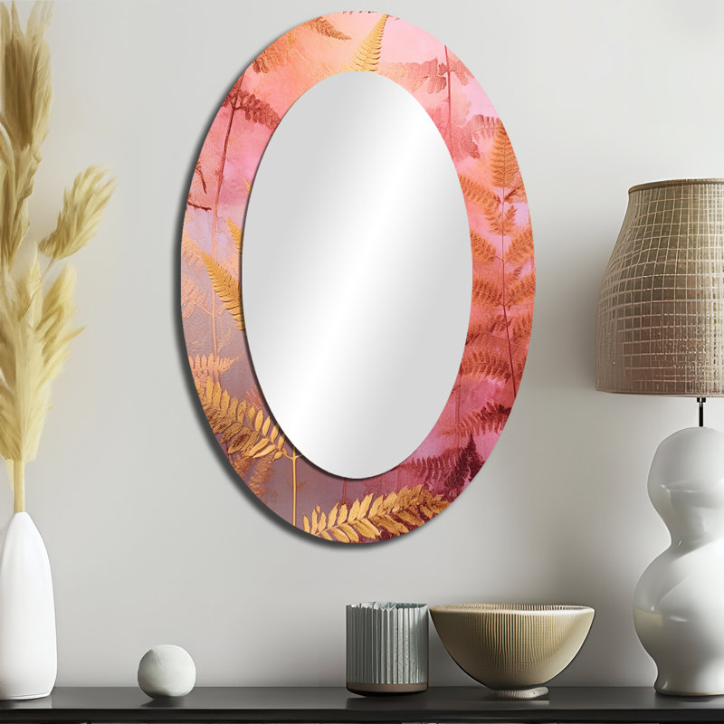 Fond de fougère doré rose - Miroir décoratif floral ovale sur métal, 36 po x 24 po