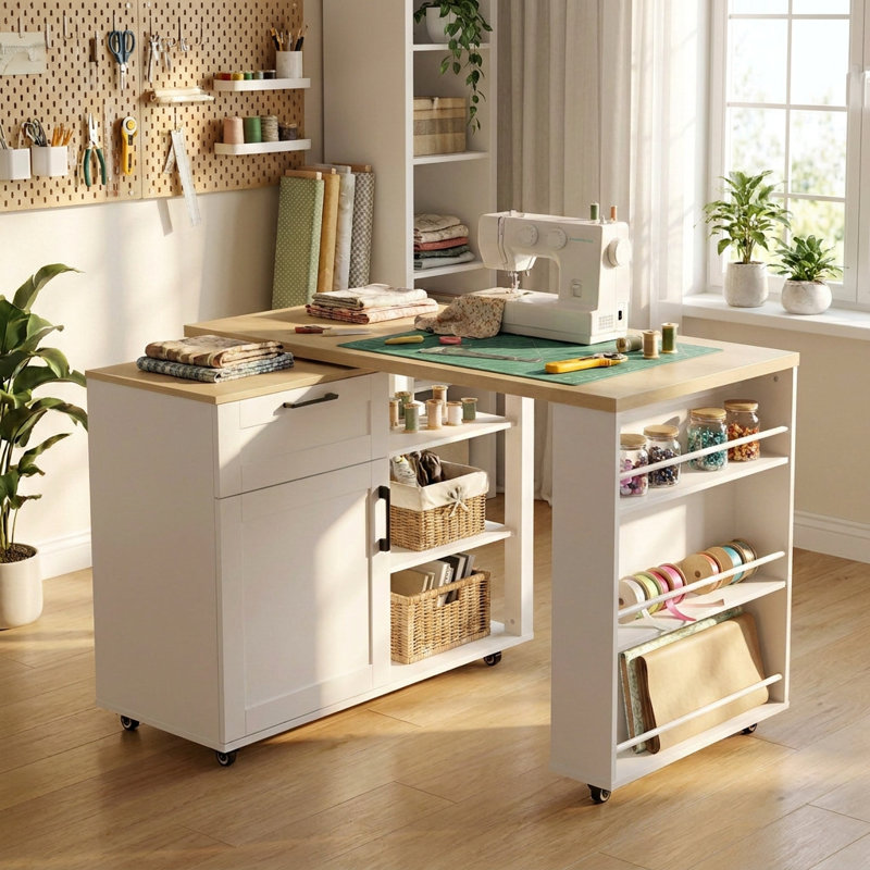 Table de bricolage avec plan de travail rotatif, rangement pour îlot, tablettes réglables et roulettes pour les salles de couture