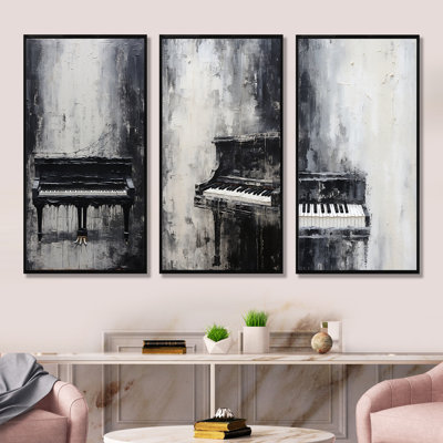 Minimalisme, piano, minuit, noir et blanc - Ensemble de 3 décorations murales piano musical