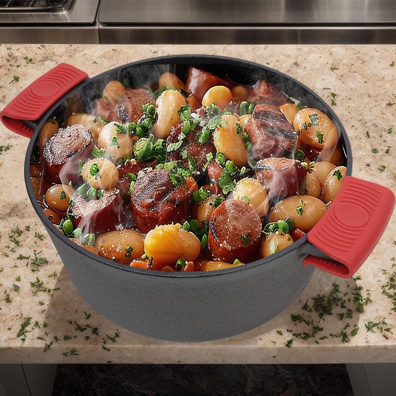 Étuve en fonte 2 en 1 avec couvercle de poêle, casserole pré-assaisonnée de 5 pintes avec deux poignées pour le camping et le barbecue