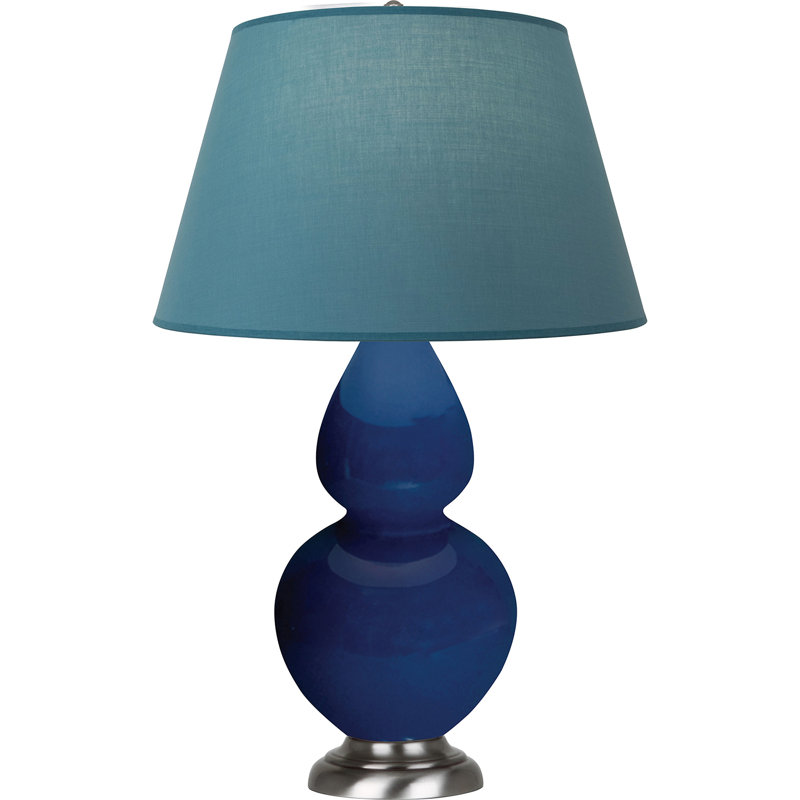 Lampe de table double gourde en céramique, Bleu vif / gris, Cobalt émaillé / argent antique, Argent argent