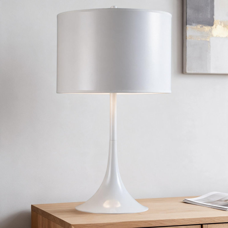 Lampe de table en acétate blanc et métal 25 po avec base conique et abat-jour tambour Mod