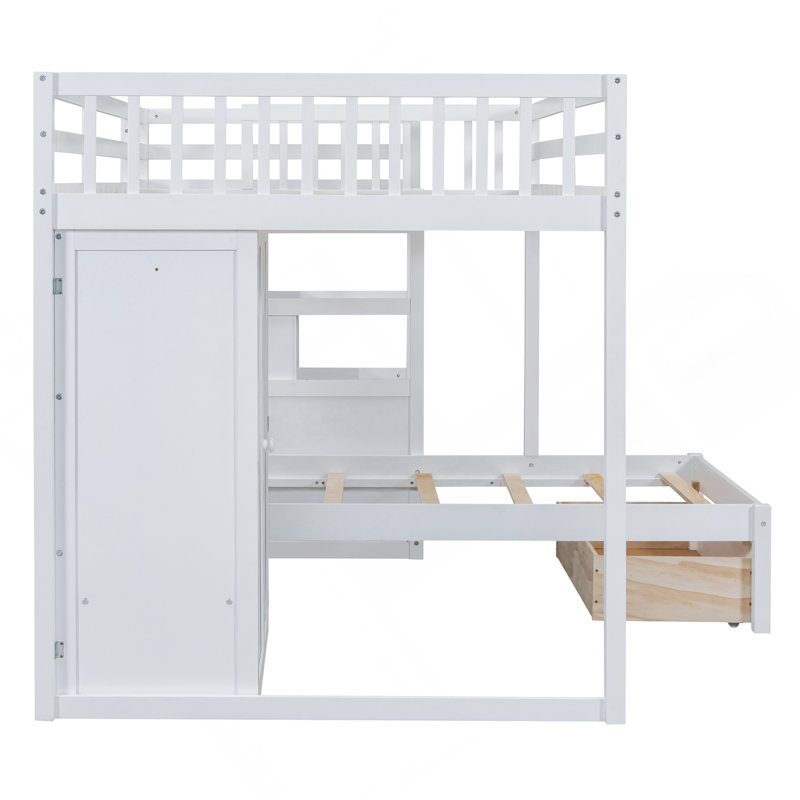 Lit superposé double au-dessus de simple avec garde-robe, tiroirs, blanc