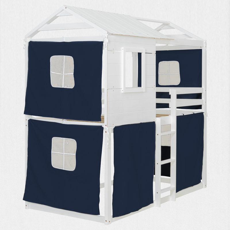 Lit simple superposé simple avec tente, structure en bois, lit en forme de maison, Simple sur simple, Blanc / Bleu