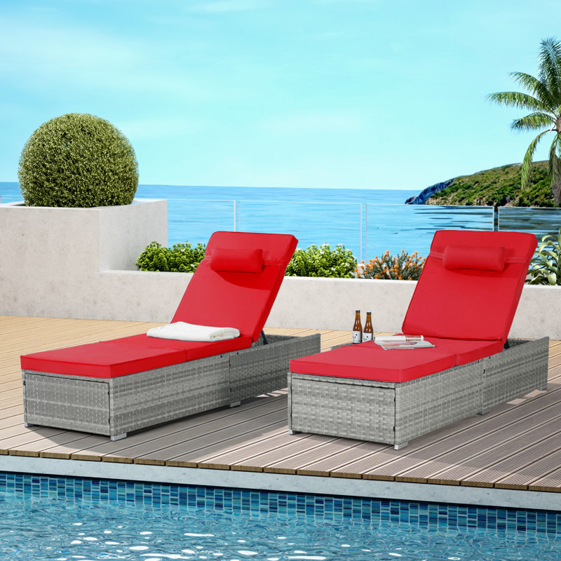 Two Pieces Outdoor Chaise Lounges With Cushion And Adjustable Backrest, Modern Patio Chaise Lounge, Red