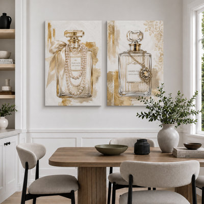 Gold Pearl Perfume Bottle Glam Artwork, Bathroom Pictures, Framed Canvas Giclee Print 2 Pieces Wall Art