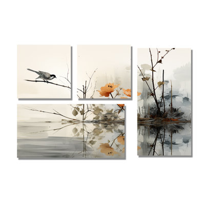 Asian Art Sumi Bird Serenity XVIII - Yellow Art, reproduction d'art sur toile 4 pièces
