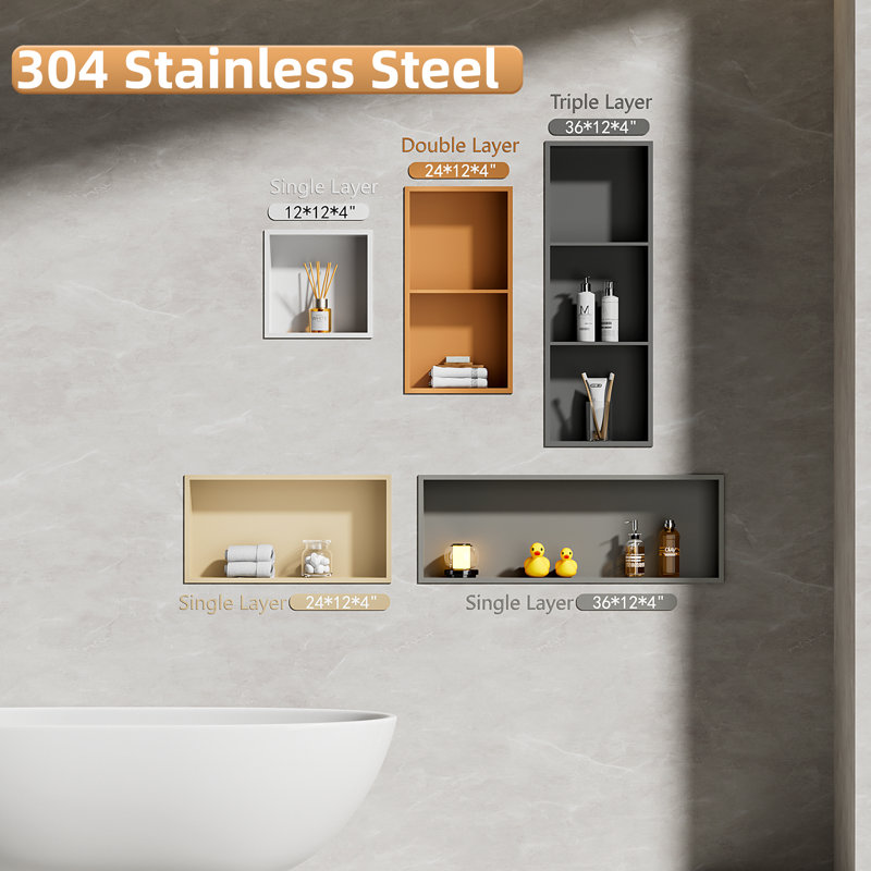 1 niche murale l 12 po x H 36 po x P 4 po, armoire de douche blanche, tablette de salle de bain en acier inoxydable, Blanc