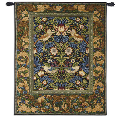 Strawberry Thief Blue by William Morris | Arts and Crafts Style Woven Tapestry Wall Art Hanging Strawberry and Thrush Pattern 100% Cotton USA Size 65x53