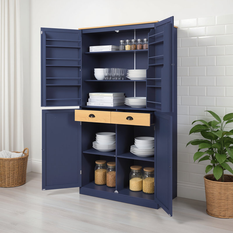 Grande armoire de rangement verticale bleue avec deux tiroirs et plusieurs tablettes réglables; Polyvalent pour la cuisine et la salle à manger.