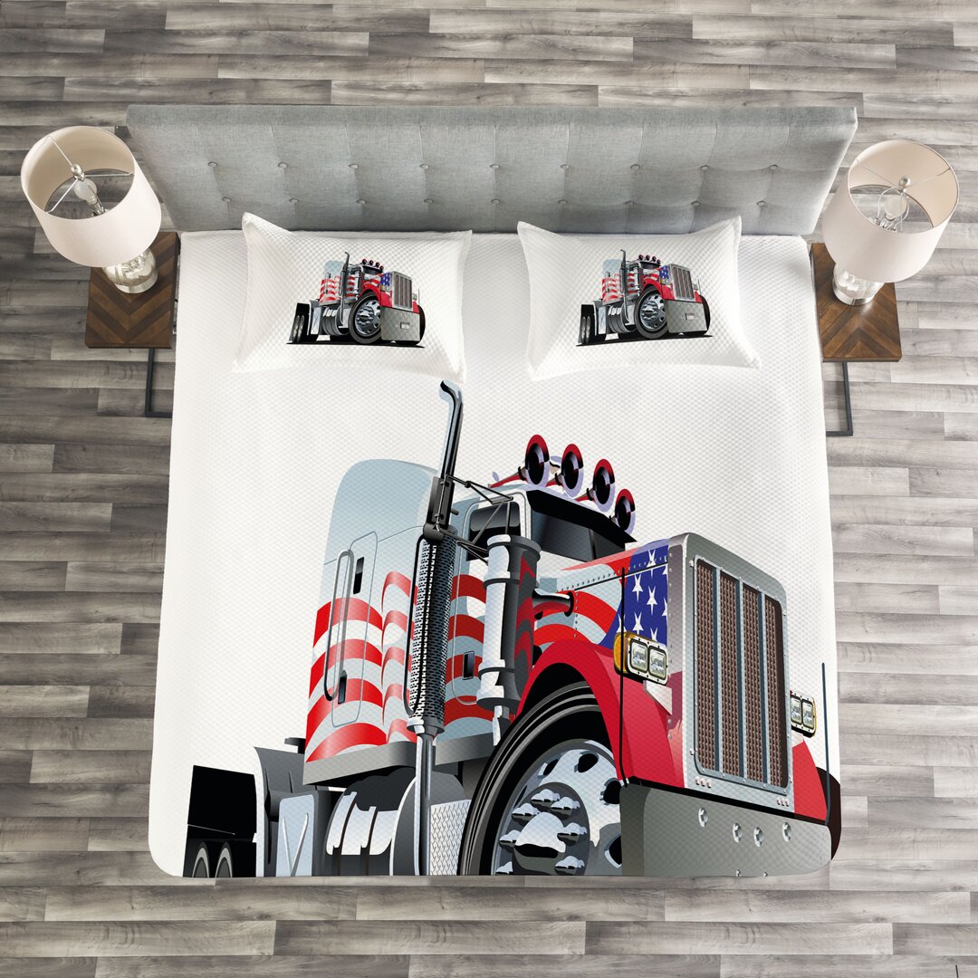 Gestepptes Bettdecken-Set, Amerikanische Flagge Motiv Hood, LKW, Weiß Blau Rot