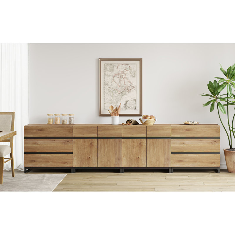 Buffet Jorgenson 4-en-1 moderne avec 6 tiroirs et tablettes réglables, Chêne