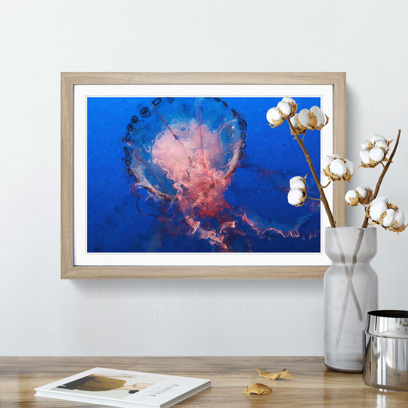 Jellyfish in Pink & Blue in Abstract - Framed Print, Oak, 40cm H x 60cm W x 2cm D