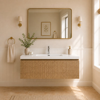 RIVEN 48in Floating Natural Oak Bathroom Vanity with Single Glossy White Sink