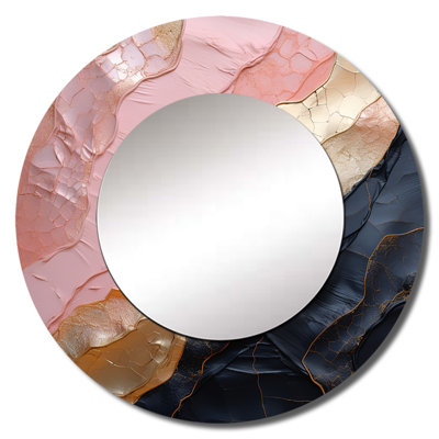 Minimalism Pink Gold Poteries - Abstract Spirals Unique Wall Mirror, Modern Round Mirror, Printed Metal Art