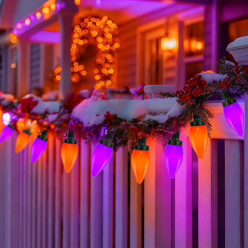 2 Pack C7 Christmas Tree Lights - 50 LED Bulbs, Orange and Purple, 120V Plug In, 2.17" H x 380" W x 1.3" D