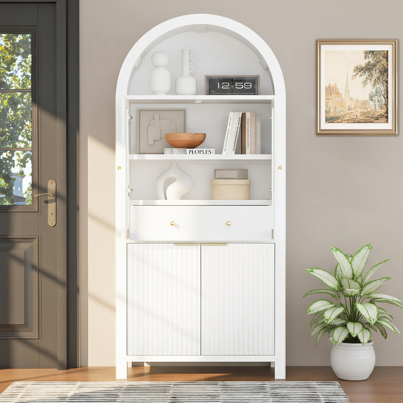 Grand garde-manger arqué cannelé blanc de 71 po avec tablettes réglables, pour porte de cuisine, de salon et de salle à manger en verre, support de porte, poignées en métal trempé