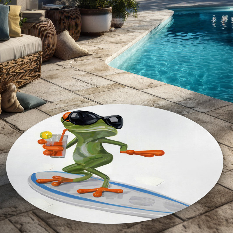 Funny Frog Surfing Rug | Kids Aquatic Animals Outdoor Decor
