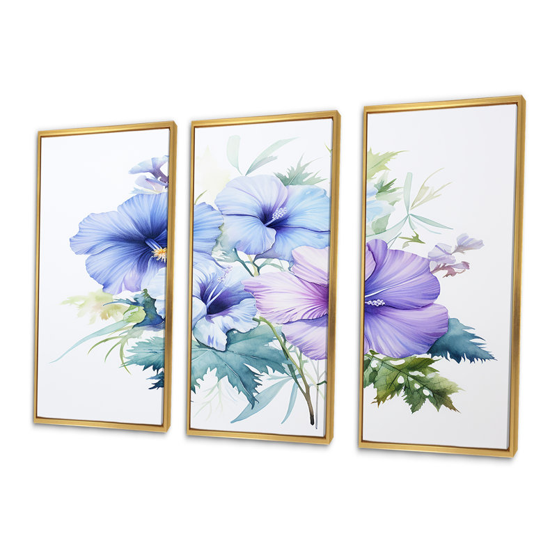 «Mauve et bleu», impression d'art aquarelle d'hibiscus, Cadre flottant doré, H 40 po x l 60 po x P 1 po