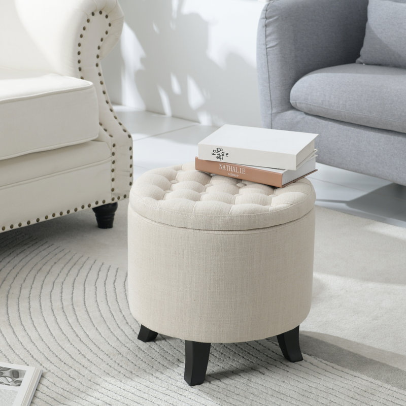 Anagha Tufted Round Upholstered Storage Ottoman, Beige