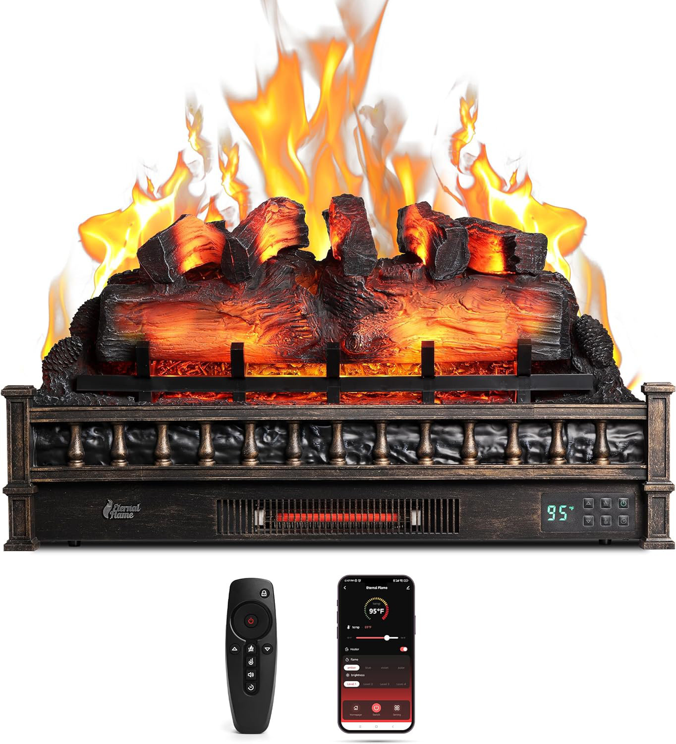 TURBRO 30" WiFi Infrared Quartz Electric Fireplace Log with Sound