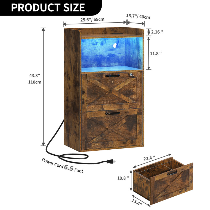 Jabar 25.6"W 2 Drawer File Cabinet With Charging Station, Filing Cabinet With Lighting & Open Storage Shelf, Brown