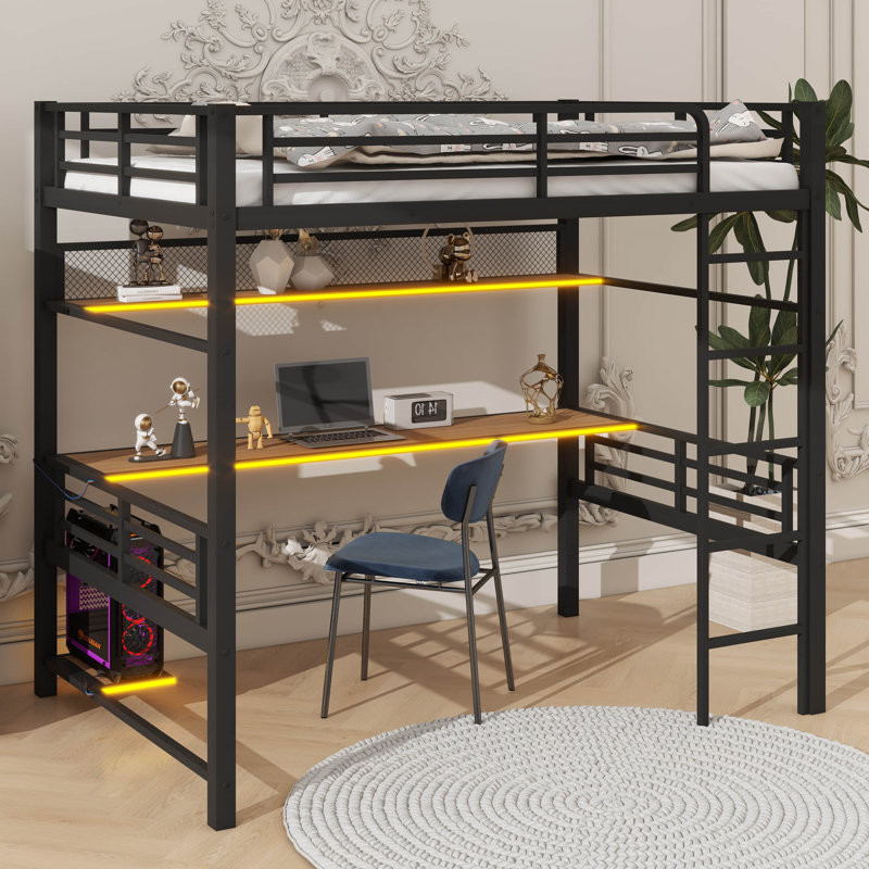 Structure de lit robuste en métal avec tablette de rangement intégrée