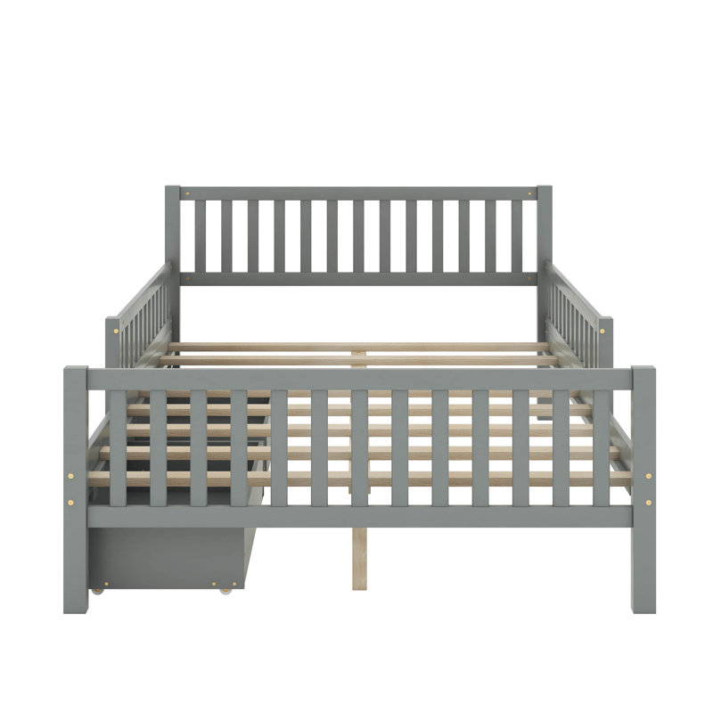 Lit plateforme en bois avec garde-corps et tiroirs, Lit double, Gris