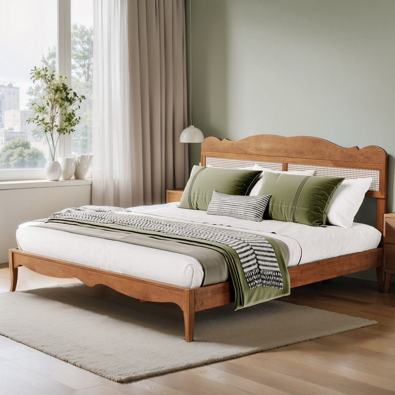 Retro Rattan-wood Blend Solid Rubber Wood Curved Bed Frame With Tool-free Hook And Loop Fastener Assembly & One-piece Silent Support Structure