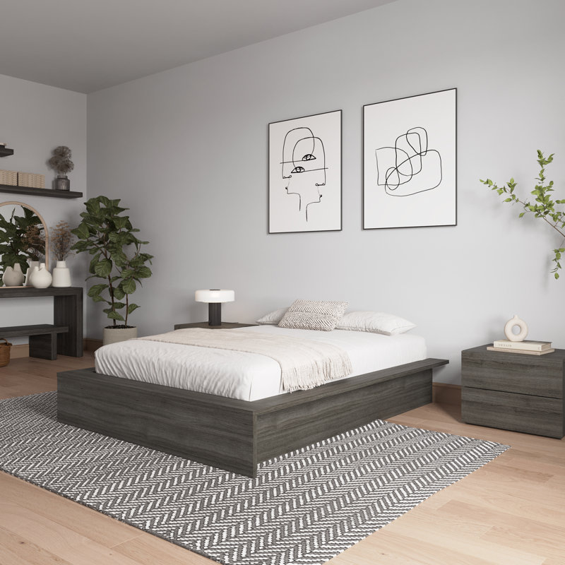 Lit plateforme Hamdja, Lit double, Chêne gris
