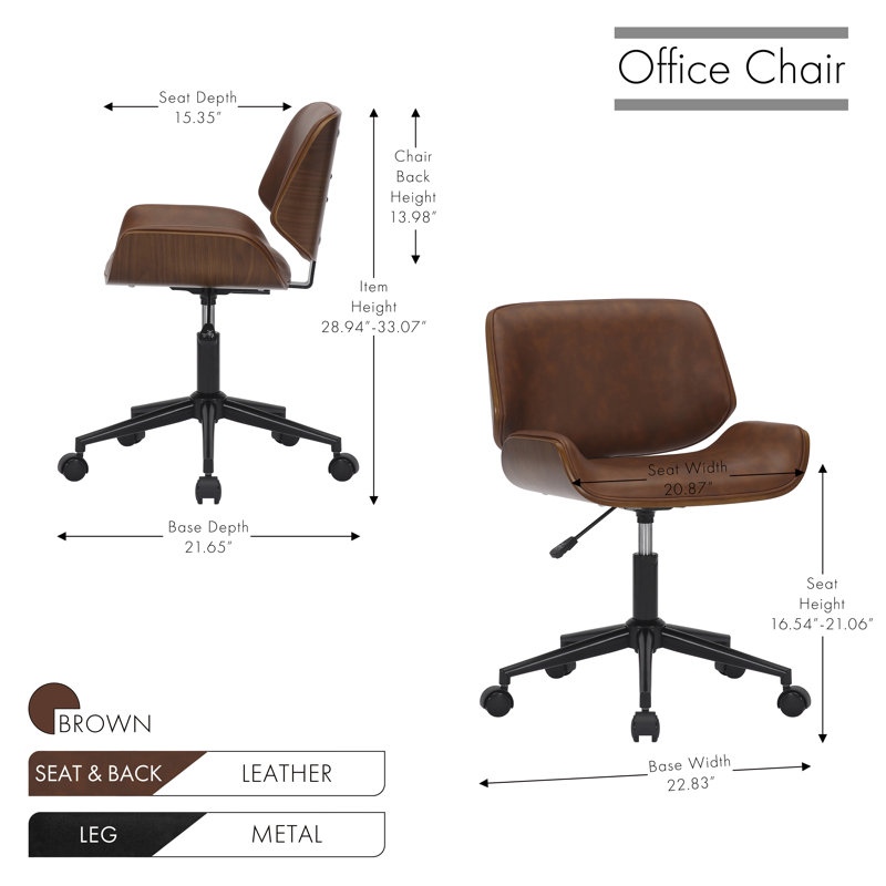 Chaise de bureau style Mid-Century en similicuir Temme, Similicuir brun, Black