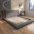 King Size Grey Upholstered Platform Bed With Extended Wood Headboard And Built-In Bedside Shelf