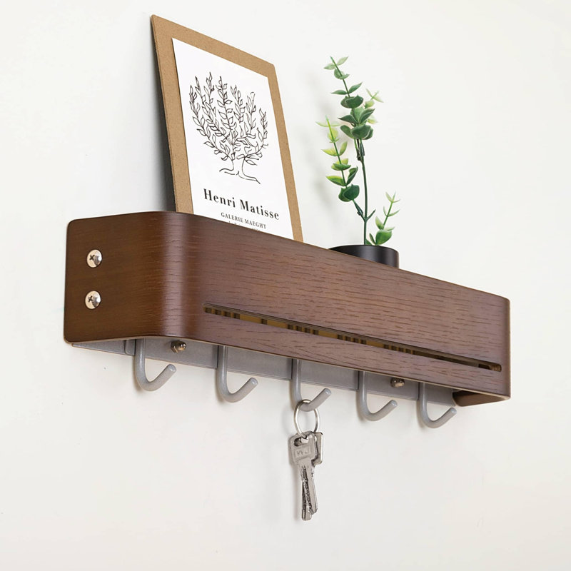 Support mural pour porte-clés avec 5 crochets rétractables, porte-clés de 17 po de conception finlandaise avec tablette, support mural pour portemanteau moderne, mobilier d'entrée et de couloir minimaliste peu encombrant - brun noyer