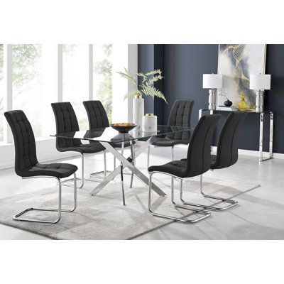 Lenworth Modern Chrome Metal and Glass Dining Table Set with 6 Luxury Faux Leather Dining Chairs