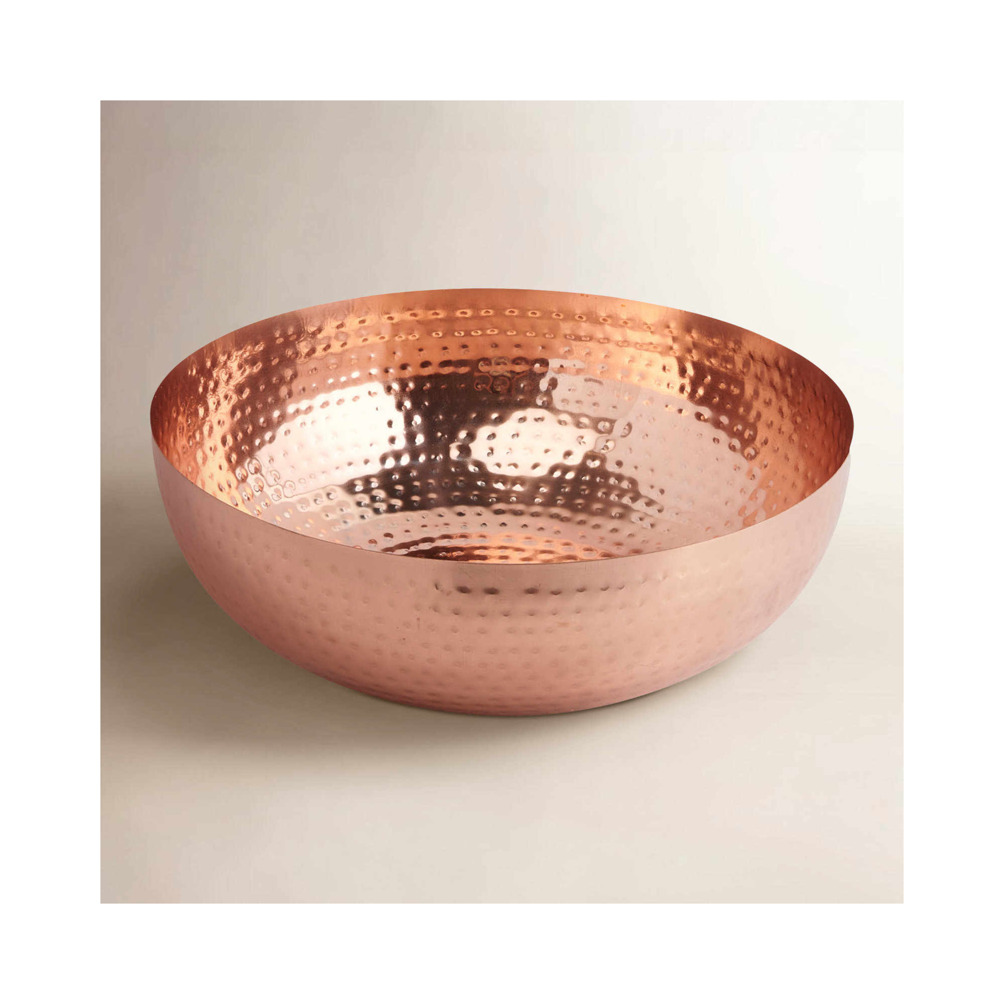 Rosy 14" Round Hammered Metal Bowl, Copper