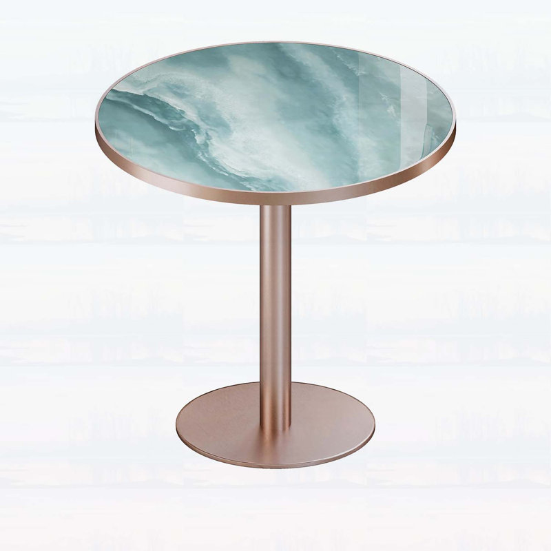 Table de salle à manger ronde ronde avec plateau en faux marbre, structure en métal robuste pour les espaces compacts